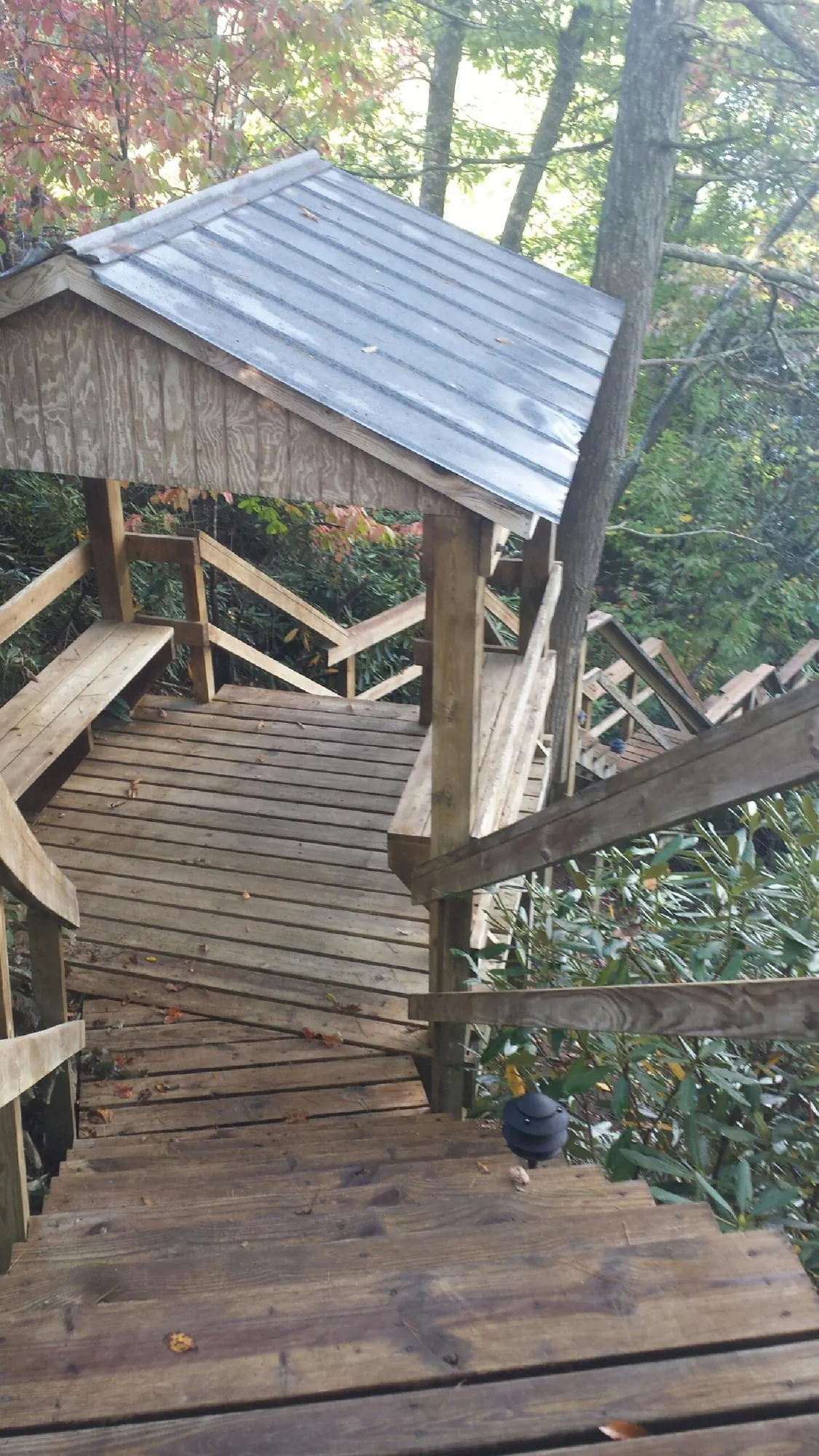 Metal roofed shelter over wooden steps on a wooded walkway — Skylight Repair & Installation work by our crew in Wright City